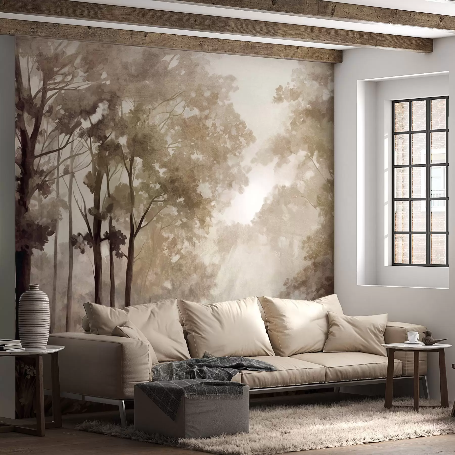 wall murals Текстурирани шумски пејзаж, дрвеће са беж и смеђим листовима, пастелна палета боја w09210