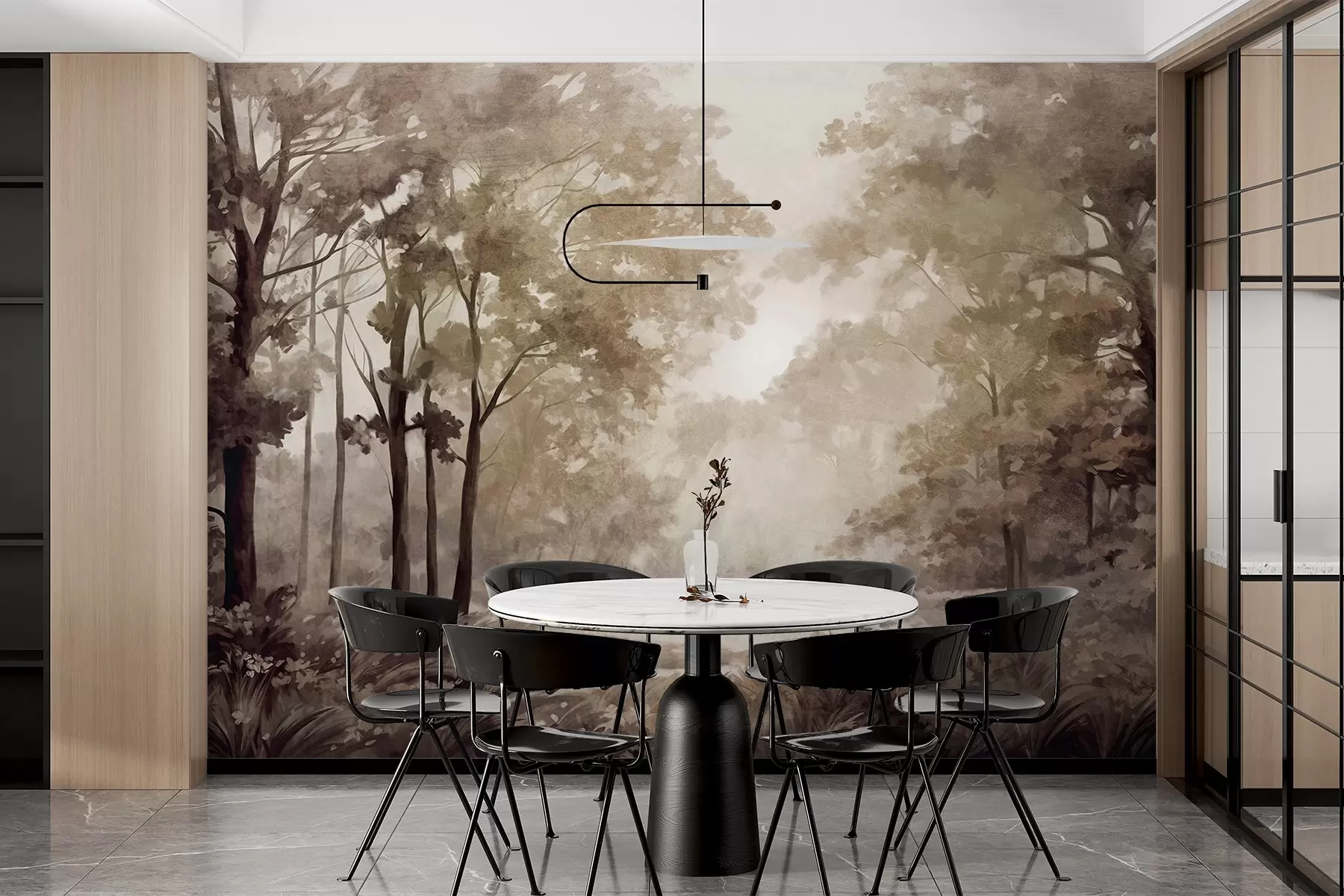 wall murals Текстурирани шумски пејзаж, дрвеће са беж и смеђим листовима, пастелна палета боја w09210