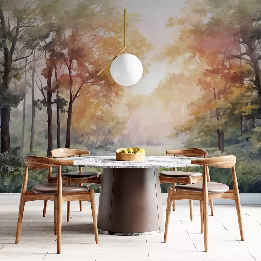 wall murals Текстурирани шумски пејзаж, дрвеће са наранџастим и зеленим листовима, пастелна палета боја w09210v1
