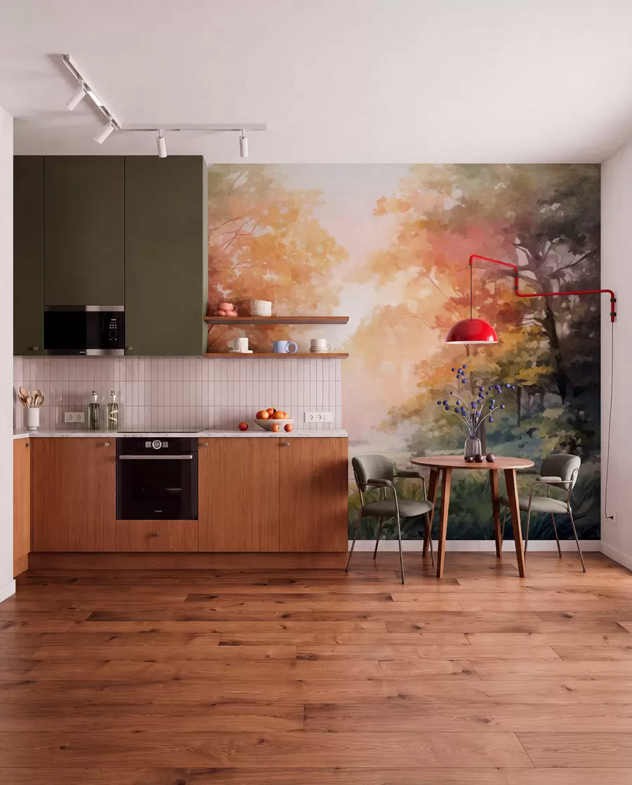 wall murals Текстурирани шумски пејзаж, дрвеће са наранџастим и зеленим листовима, пастелна палета боја w09210v1