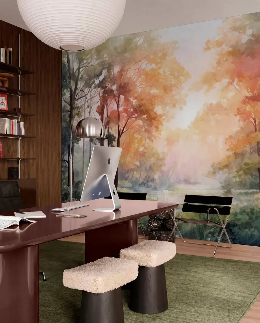 wall murals Текстурирани шумски пејзаж, дрвеће са наранџастим и зеленим листовима, пастелна палета боја w09210v1