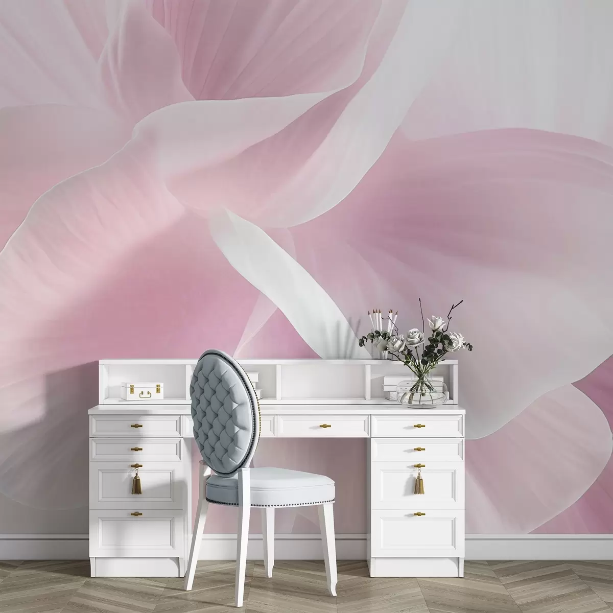 wall murals Апстрактни текстурирани цвет са нежним латицама, меко осветљење, елегантна композиција, минималистичка естетика w09211v1