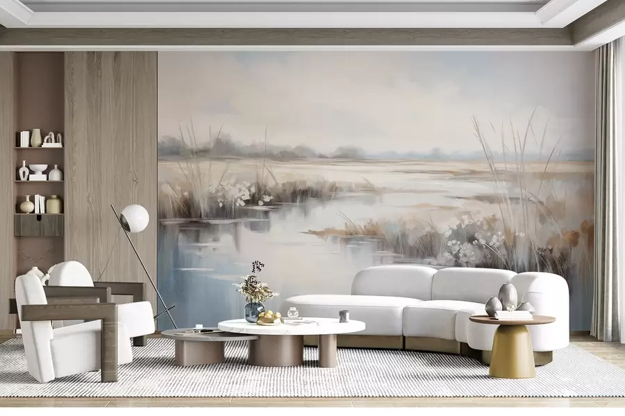 wall murals Текстурирани мирни пејзаж са високим травама и мирном водом, меким пастелним бојама, удаљеним дрвећем на хоризонту w09213