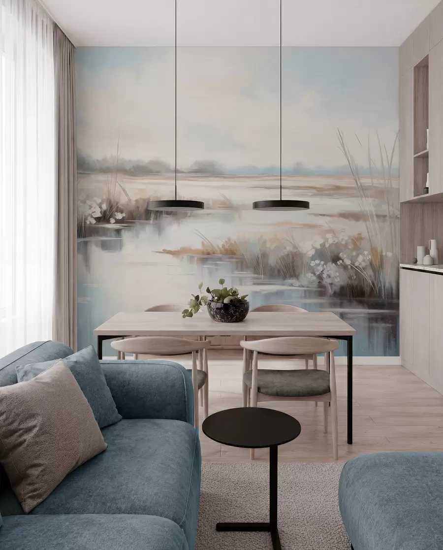wall murals Текстурирани мирни пејзаж са високим травама и мирном водом, меким пастелним бојама, удаљеним дрвећем на хоризонту w09213