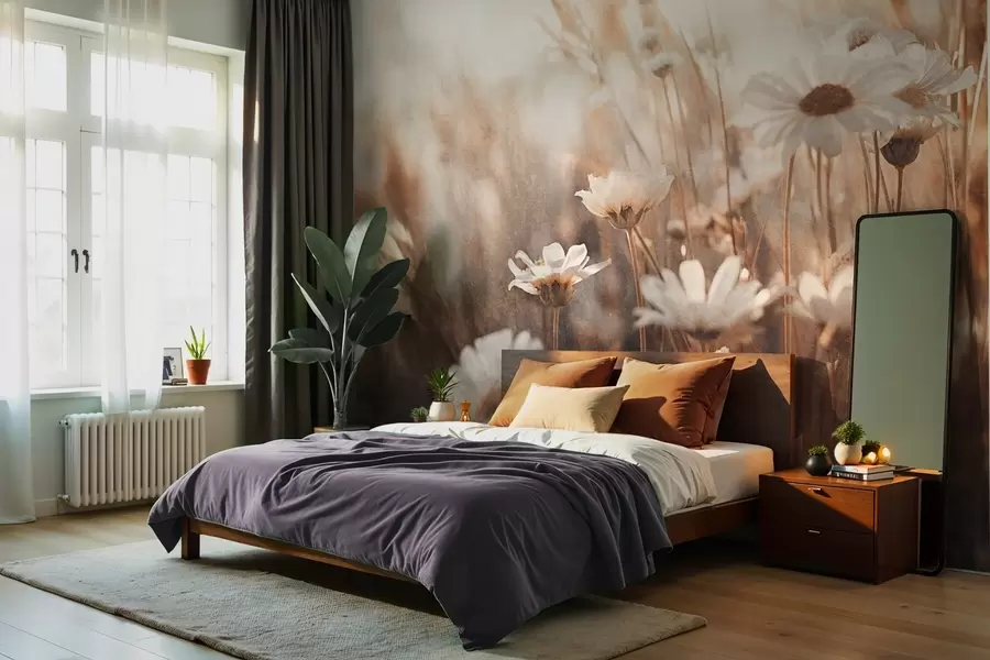 wall murals Текстурирано поље белих тратинчица и дивљег цвећа у топлој палети боја са замућеном позадином w09214