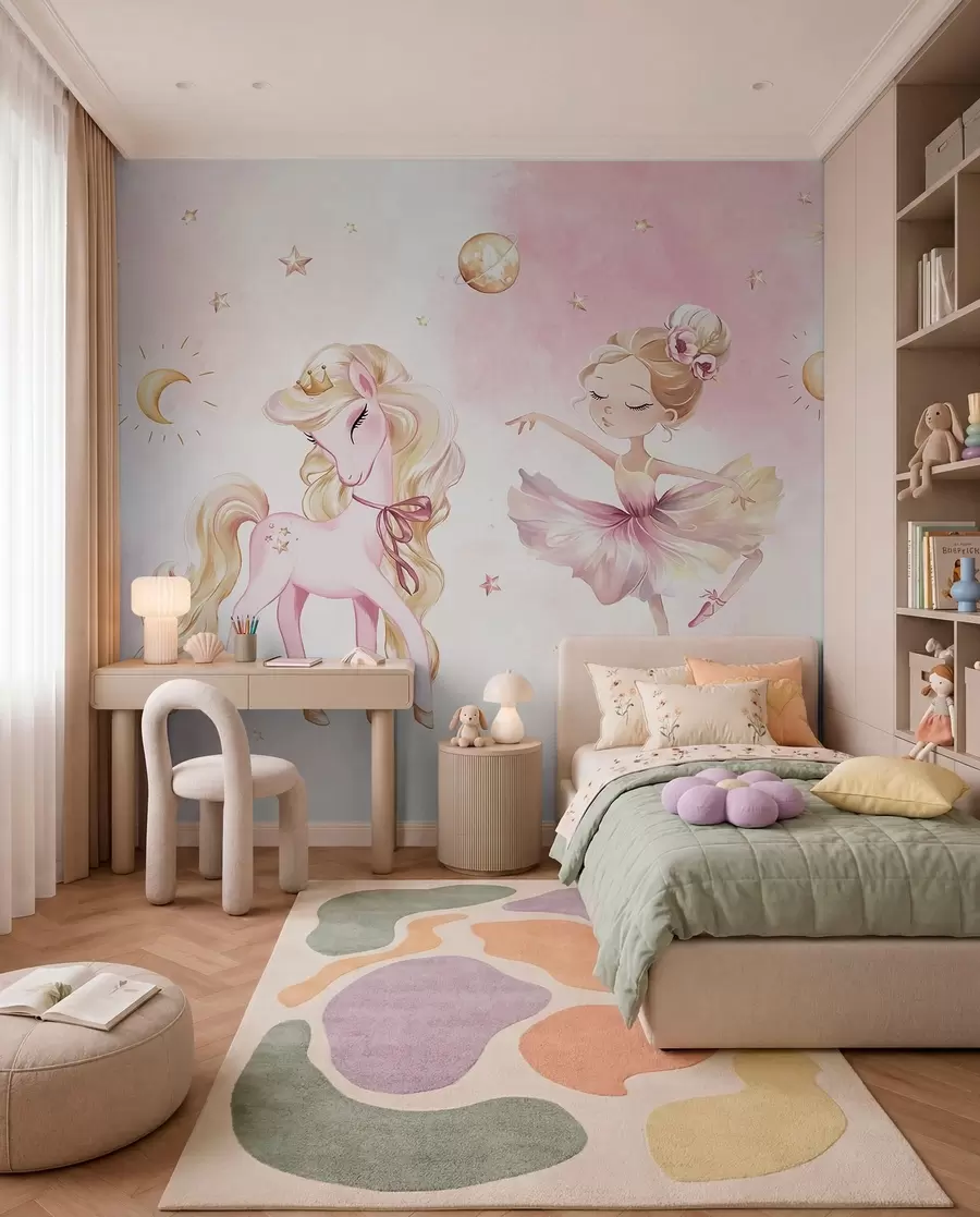 wall murals Једнорог и балерина у ружичастој бајци, дечја прича w04196
