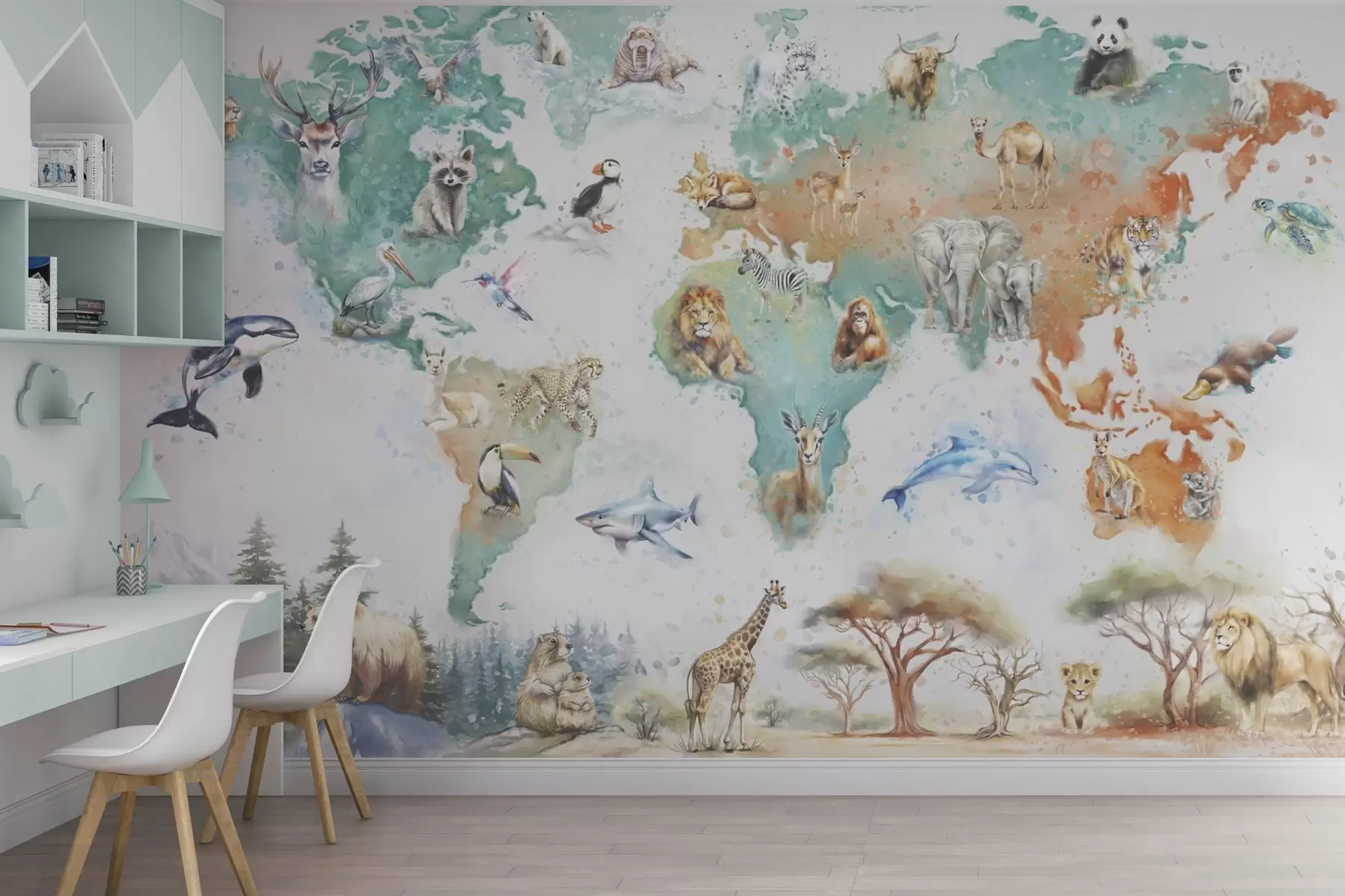 wall murals Мапа света са животињама, стил дечје едукативне илустрације w04148