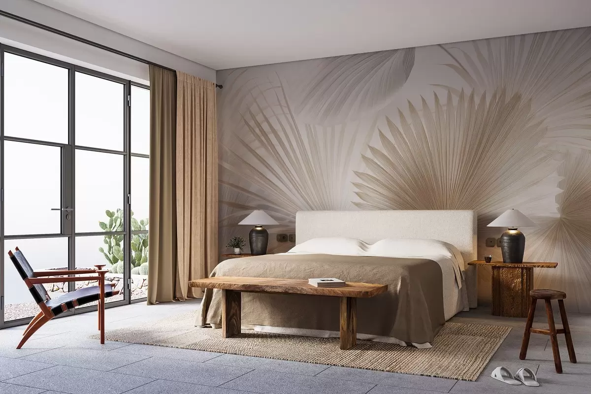 wall murals Мекане лепезе од тропског лишћа у светло беж и плавкастим тоновима w09084