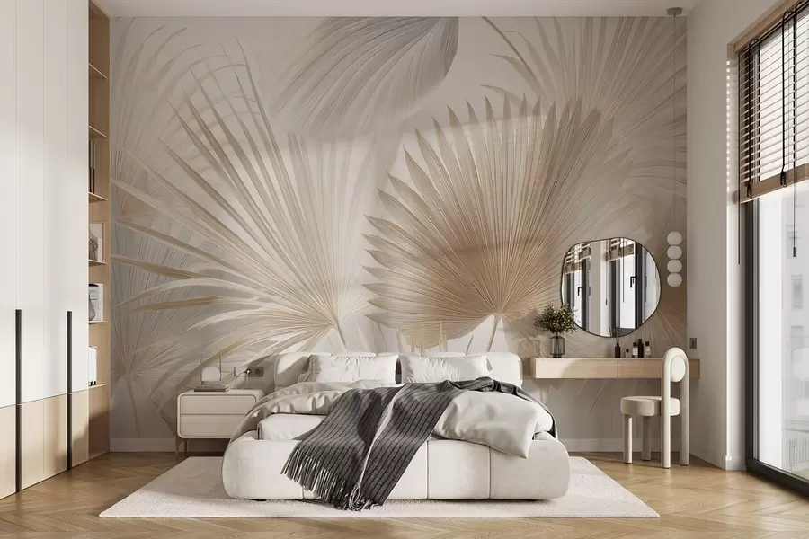 wall murals Мекане лепезе од тропског лишћа у светло беж и плавкастим тоновима w09084