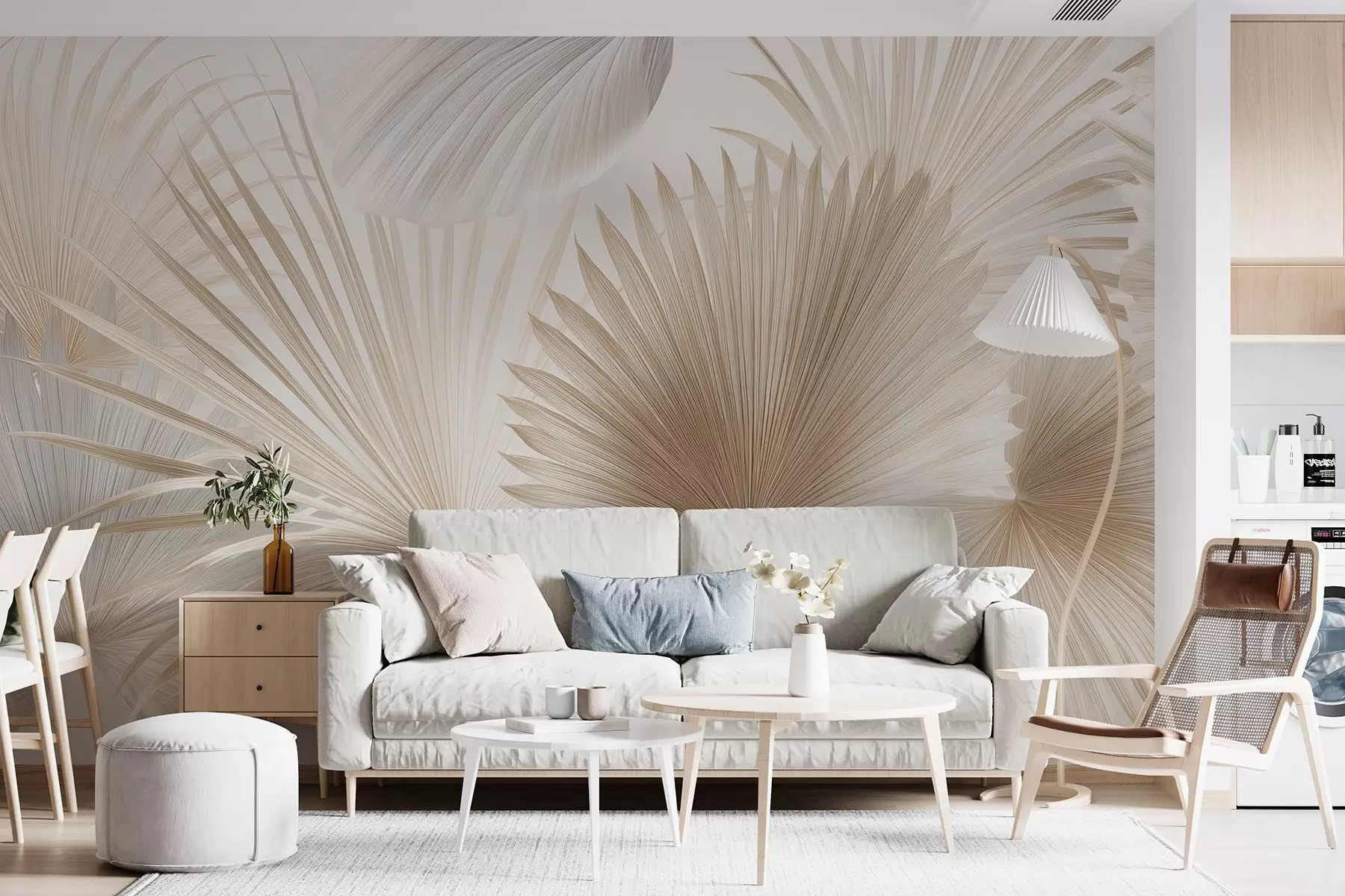 wall murals Мекане лепезе од тропског лишћа у светло беж и плавкастим тоновима w09084