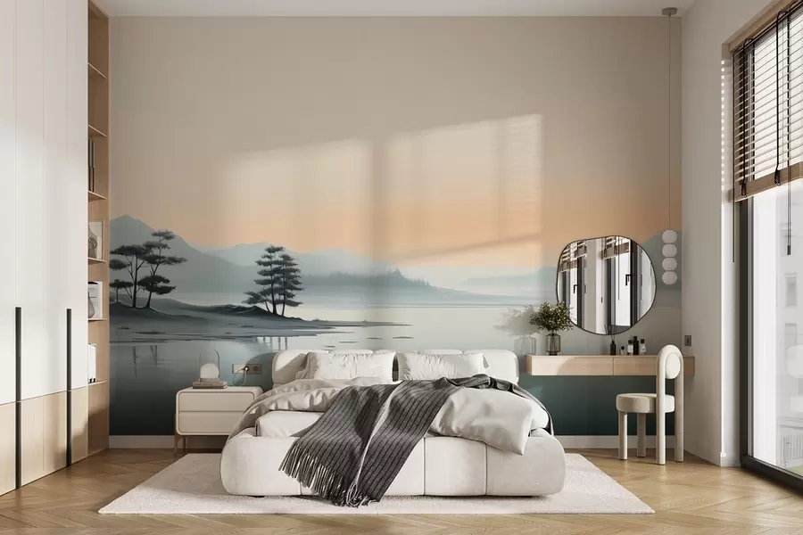 wall murals Минималистички пејзаж са магловитим планинама и језером w09151
