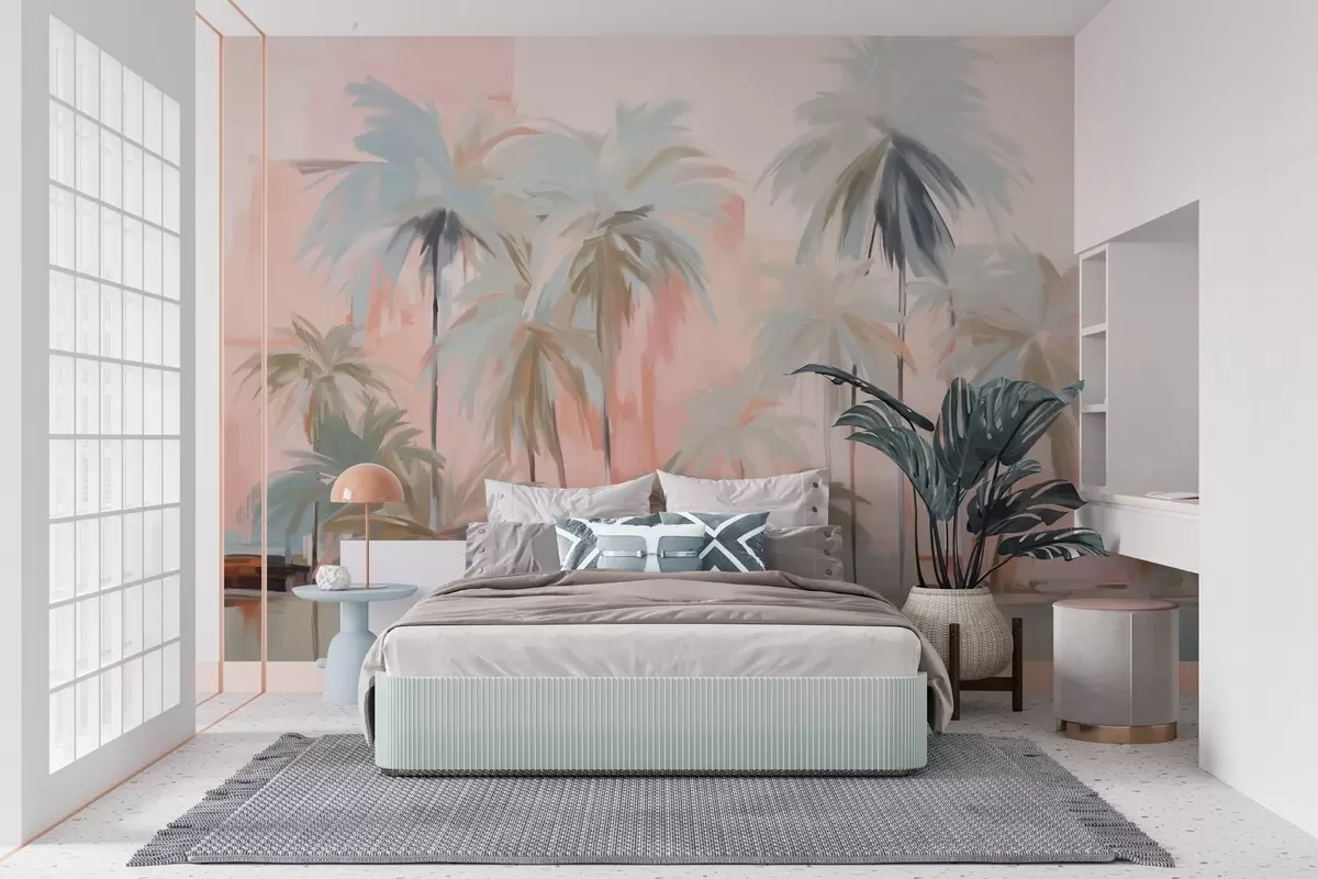 wall murals Апстрактне минималистичке пастелне тропске палме, на позадини нежних ружичастих и бресквастих нијанси w09212