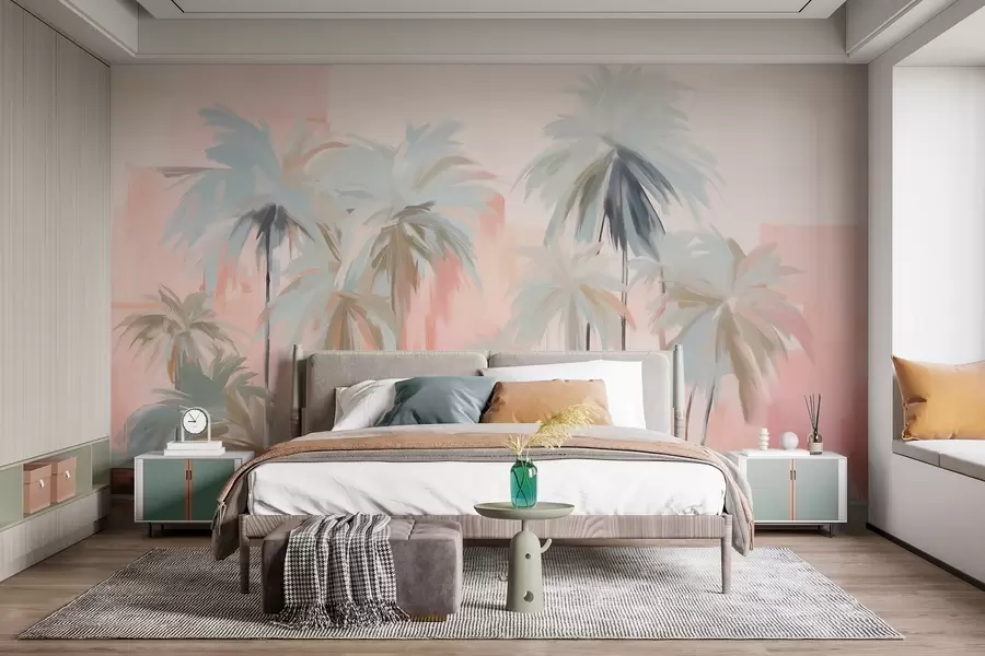wall murals Апстрактне минималистичке пастелне тропске палме, на позадини нежних ружичастих и бресквастих нијанси w09212