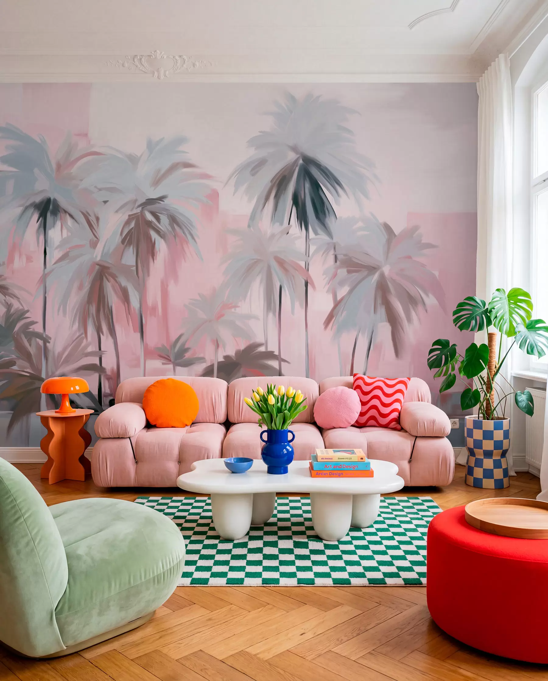 wall murals Апстрактне минималистичке пастелне тропске палме, на позадини пригушених ружичастих и сивих нијанси w09212v1