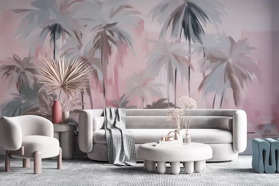 wall murals Апстрактне минималистичке пастелне тропске палме, на позадини пригушених ружичастих и сивих нијанси w09212v1