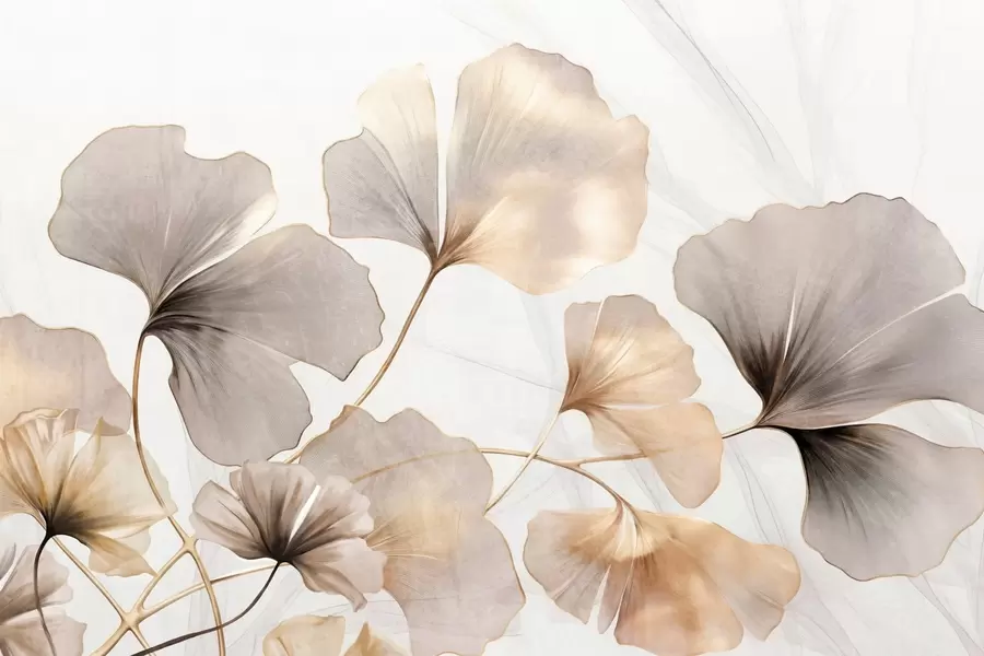 wall murals Листови гинка билобе у беж, жутим и смеђим тоновима, нежни текстурирани ефекат акварела, светла позадина w09215