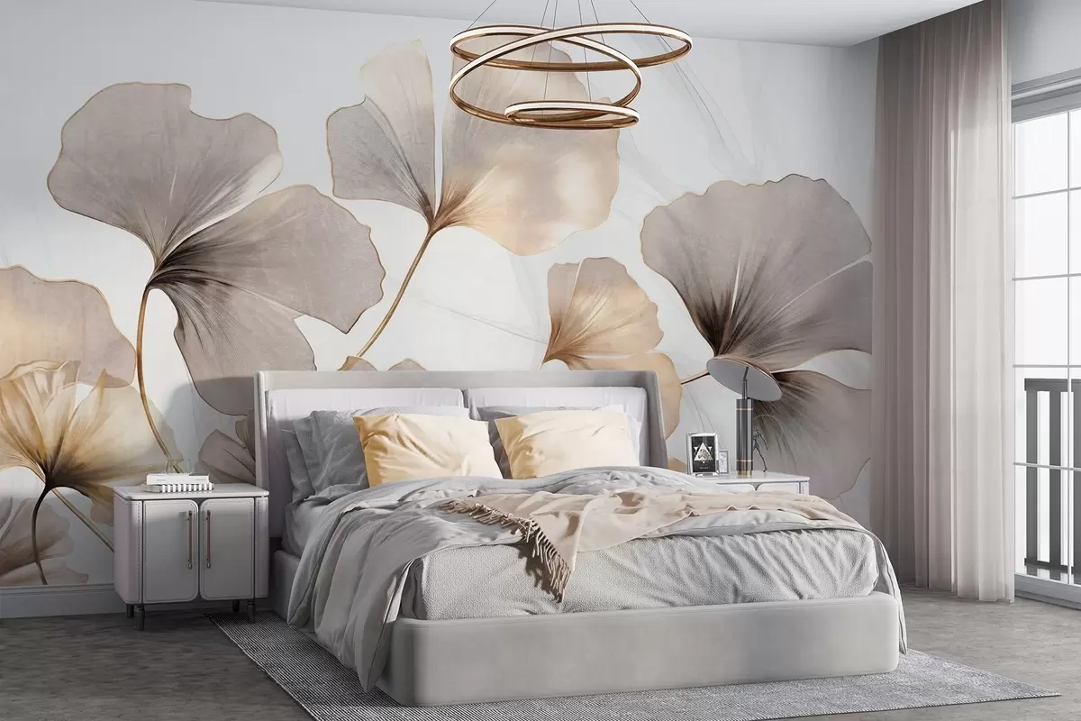 wall murals Листови гинка билобе у беж, жутим и смеђим тоновима, нежни текстурирани ефекат акварела, светла позадина w09215
