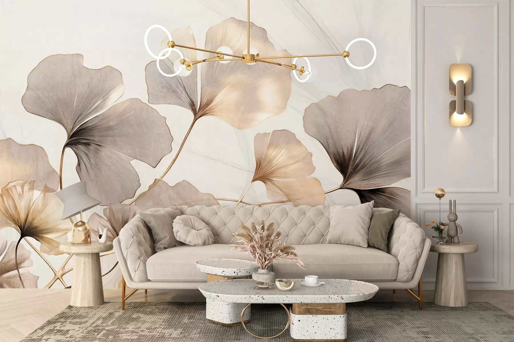 wall murals Листови гинка билобе у беж, жутим и смеђим тоновима, нежни текстурирани ефекат акварела, светла позадина w09215