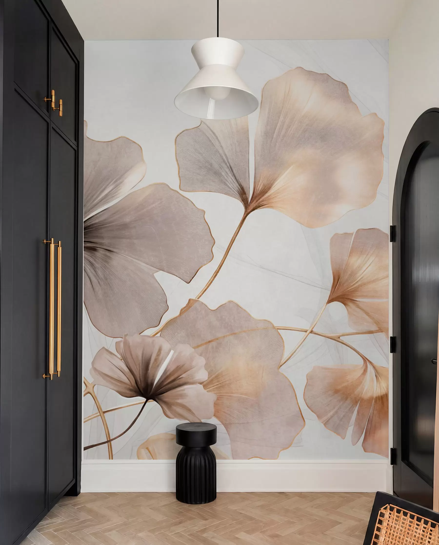wall murals Листови гинка билобе у беж, жутим и смеђим тоновима, нежни текстурирани ефекат акварела, светла позадина w09215
