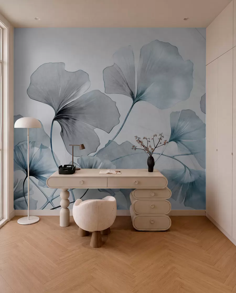 wall murals Листови гинка билобе у пригушеним плавим и сивим тоновима, нежни текстурирани ефекат акварела, светла позадина w09215v1