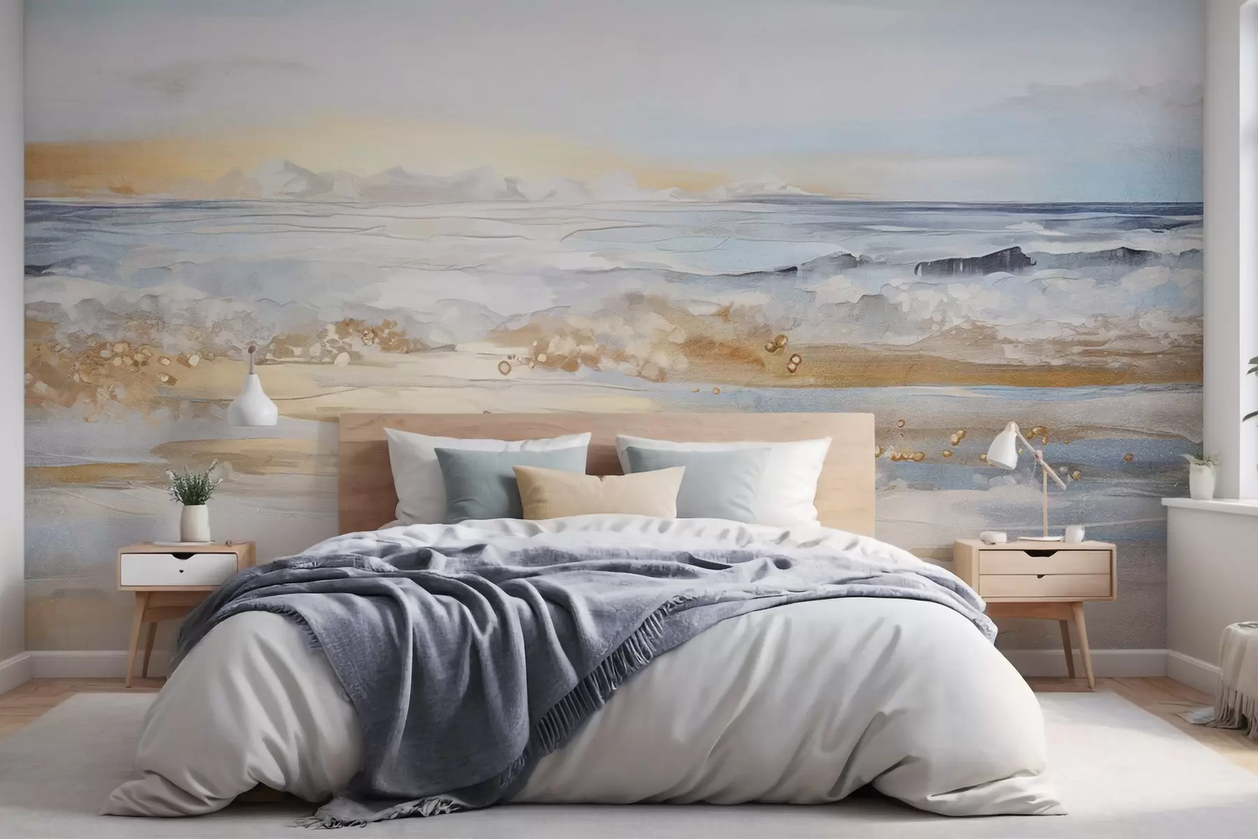 wall murals Апстрактни текстурирани пејзажни океански таласи који се разбијају о пешчану плажу, меке пастелне боје, плаво небо са светлим облацима w09234