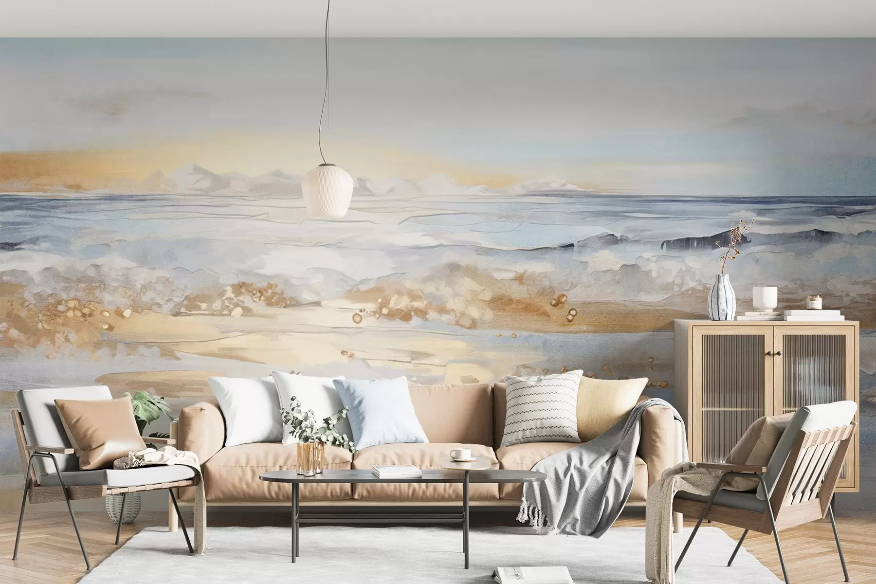 wall murals Апстрактни текстурирани пејзажни океански таласи који се разбијају о пешчану плажу, меке пастелне боје, плаво небо са светлим облацима w09234