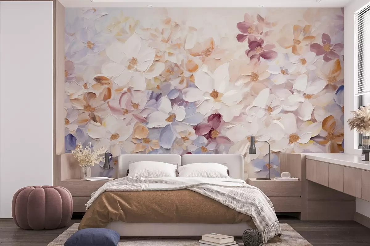 wall murals Уљана слика имитација цветне баште са белим, ружичастим и наранџастим цветовима, меки потези четкицом, пастелне пригушене боје w09236