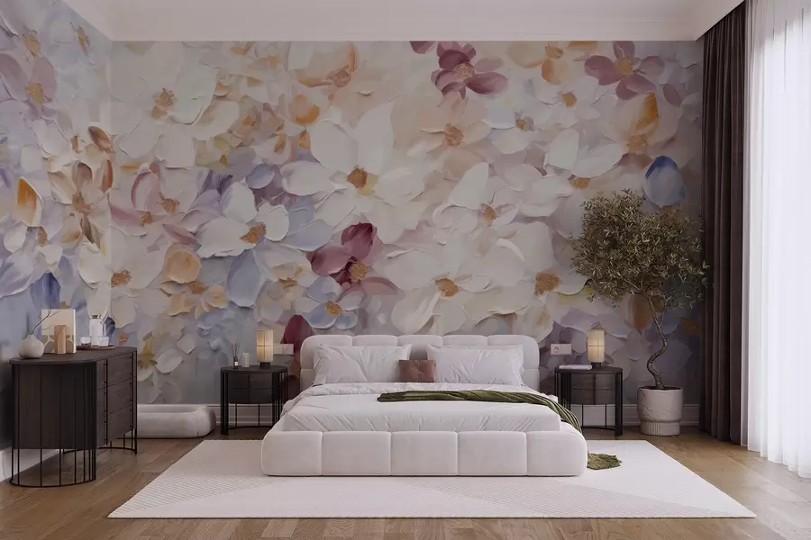 wall murals Уљана слика имитација цветне баште са белим, ружичастим и наранџастим цветовима, меки потези четкицом, пастелне пригушене боје w09236