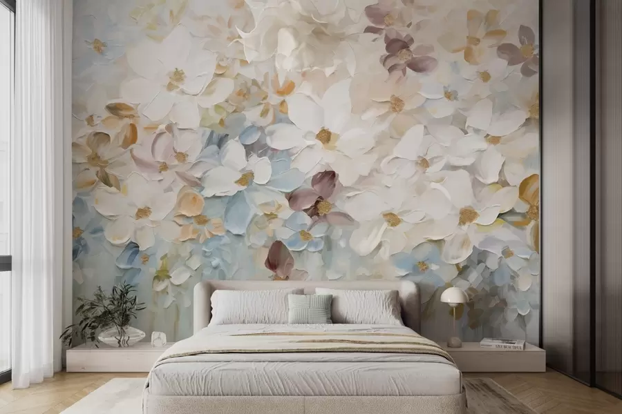 wall murals Уљана слика имитација цветне баште са белим, плавим и наранџастим цвећем, меки потези четкицом, пастелне пригушене боје w09236v1