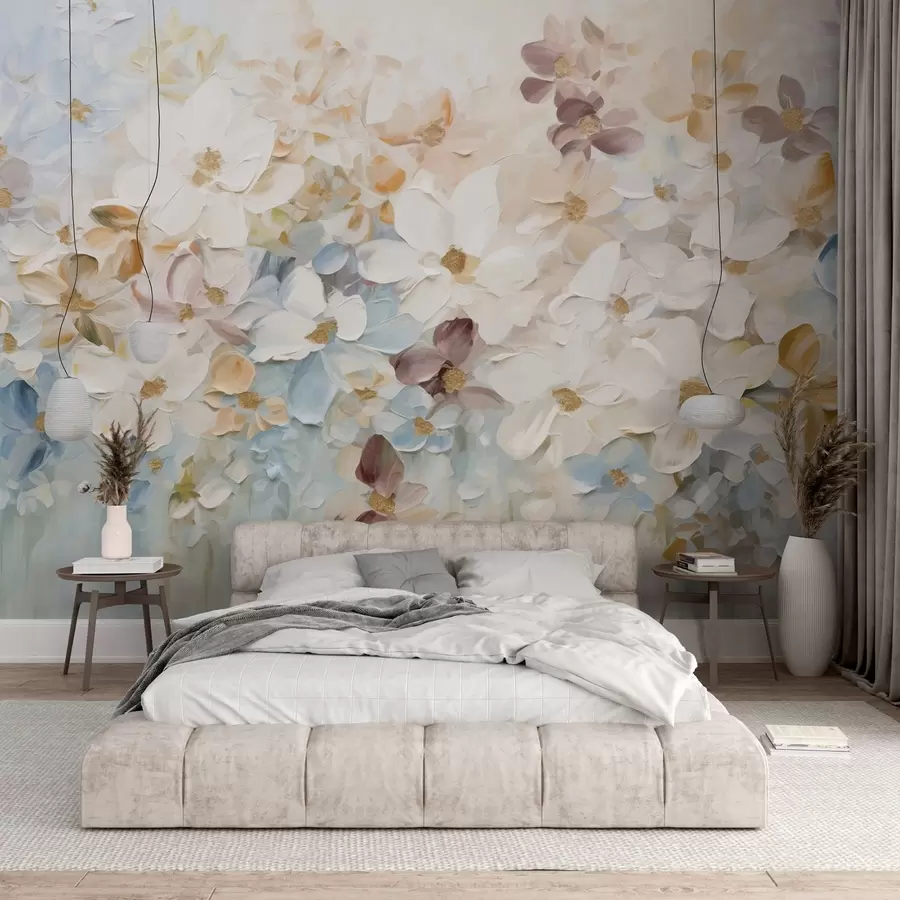 wall murals Уљана слика имитација цветне баште са белим, плавим и наранџастим цвећем, меки потези четкицом, пастелне пригушене боје w09236v1