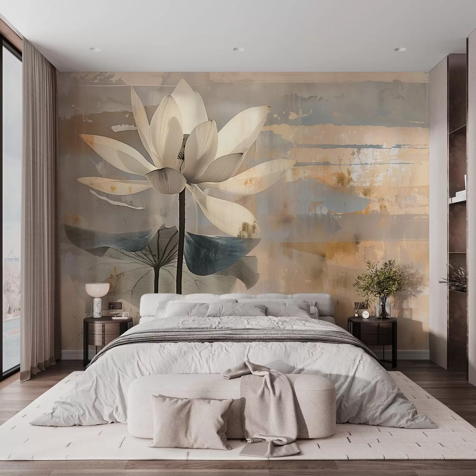 wall murals Имитација акварелног лотоса на апстрактној позадини потеза четкицом w09244