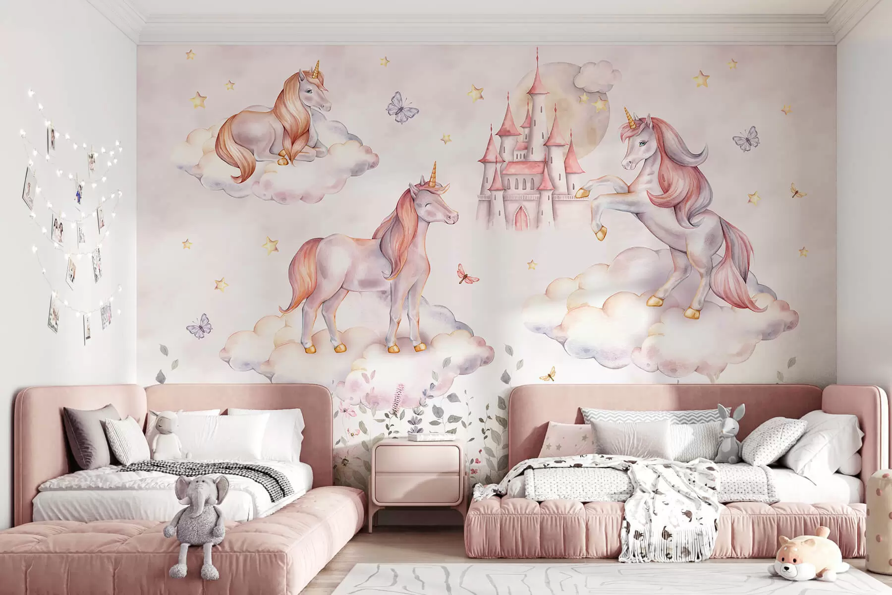 wall murals Једнорози у облацима са звездама, лептирима и цвећем w04165