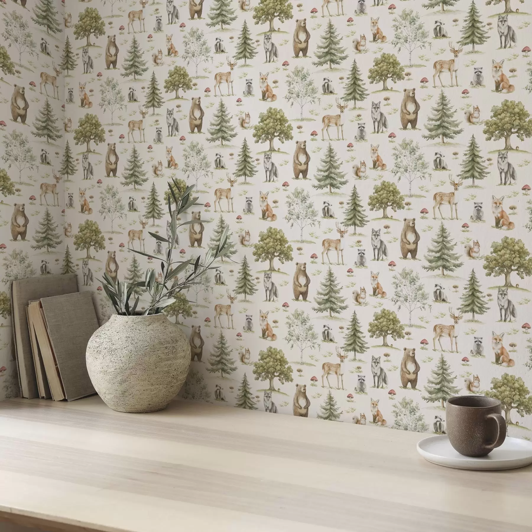 wall murals Шумске животиње у меком акварелном стилу, дрвеће и печурке a00212