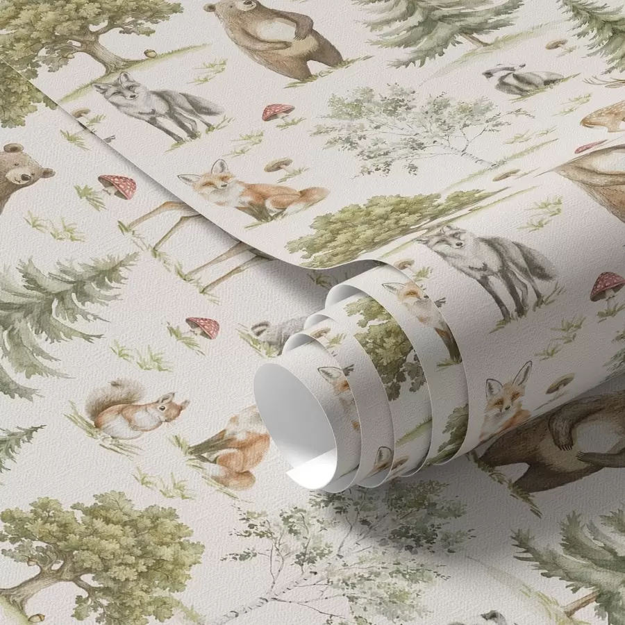 wall murals Шумске животиње у меком акварелном стилу, дрвеће и печурке a00212