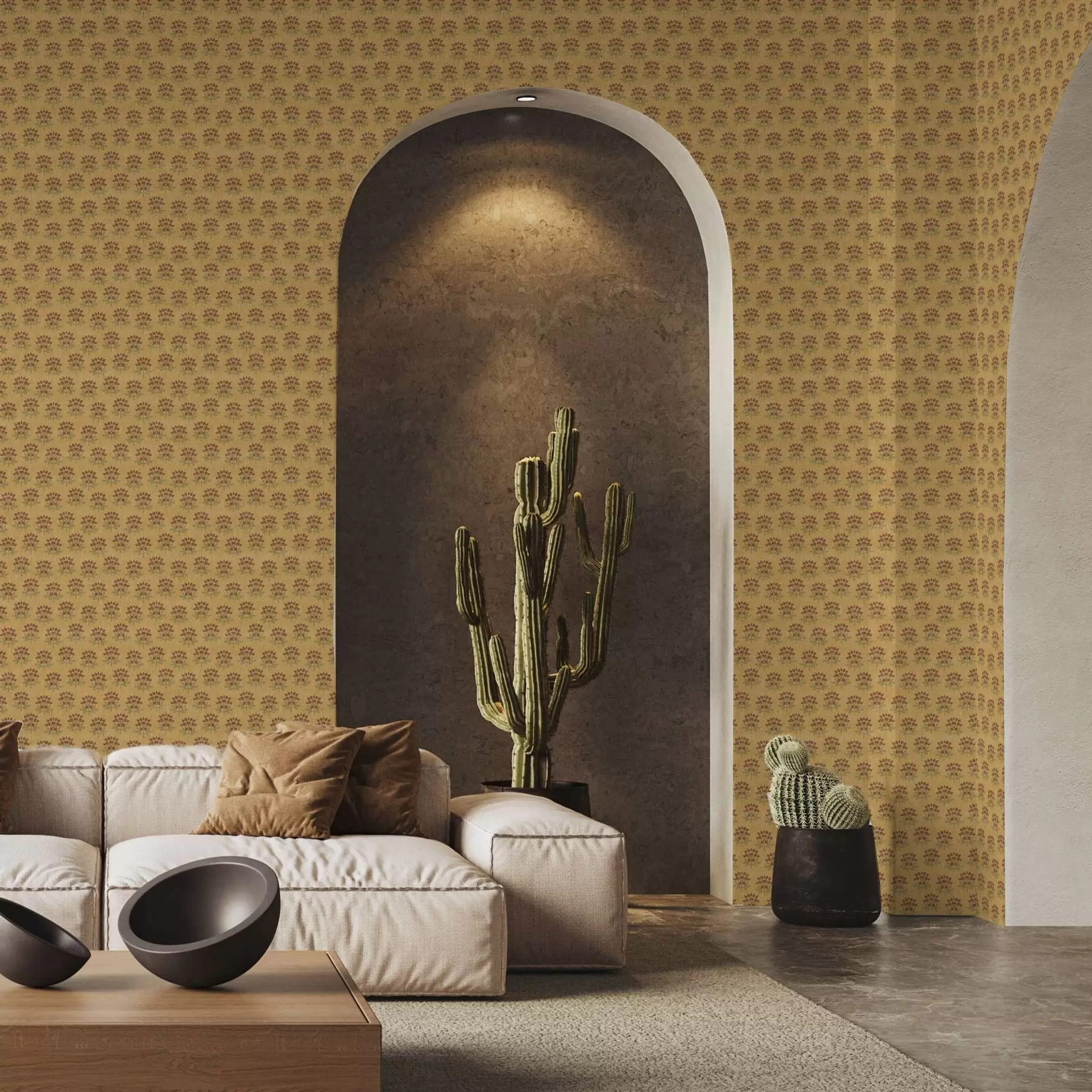 wall murals Ретро цветни узорак са лотосима на жутој позадини a00238