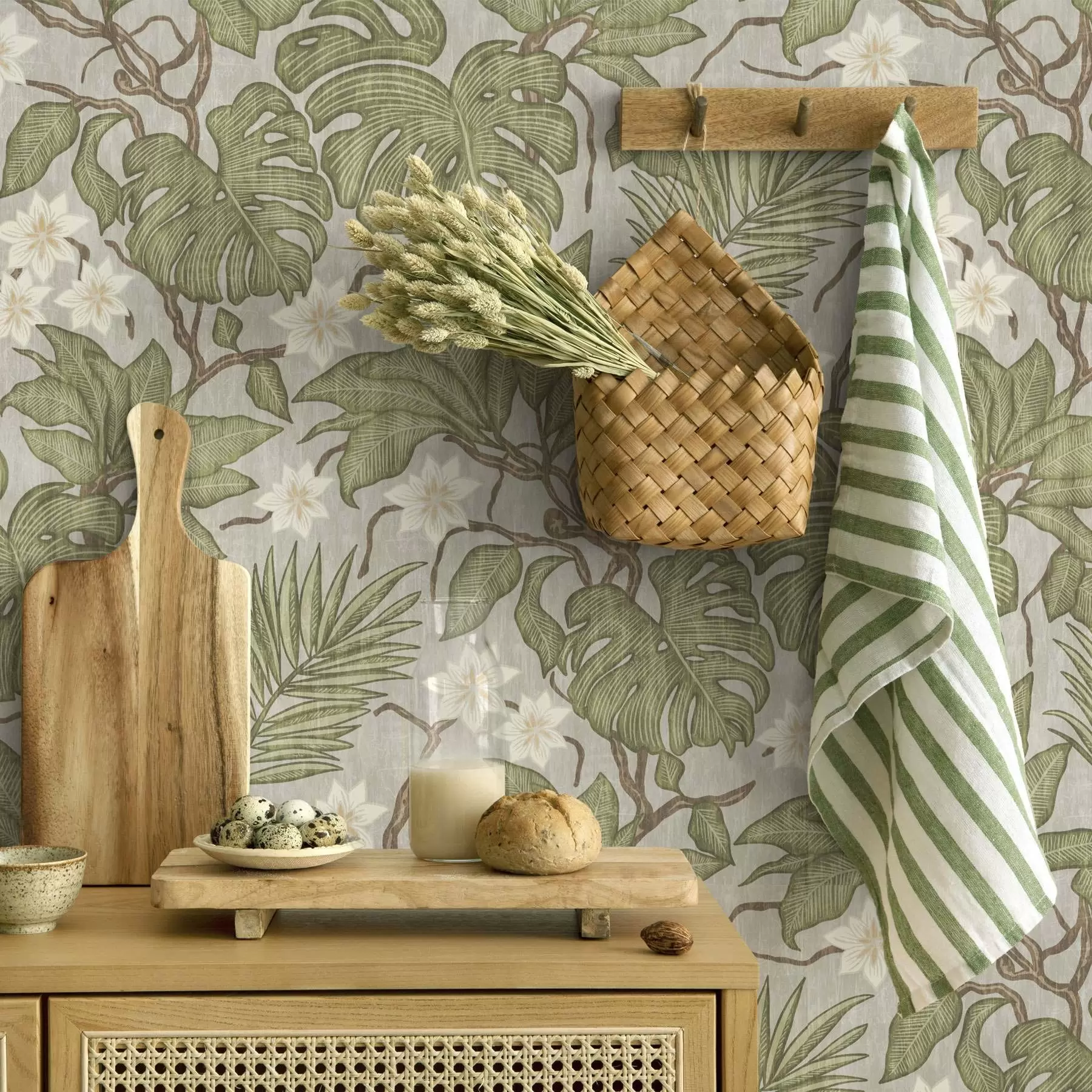 wall murals Тропско лишће и цвеће монстере на сивој позадини a00249