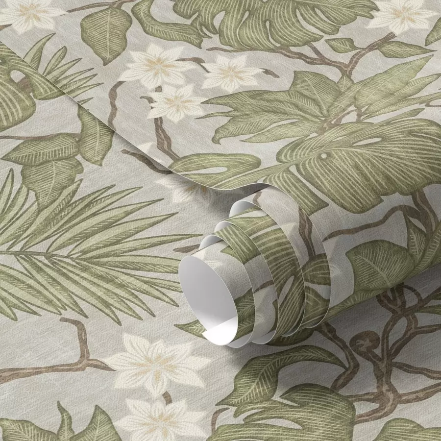 wall murals Тропско лишће и цвеће монстере на сивој позадини a00249