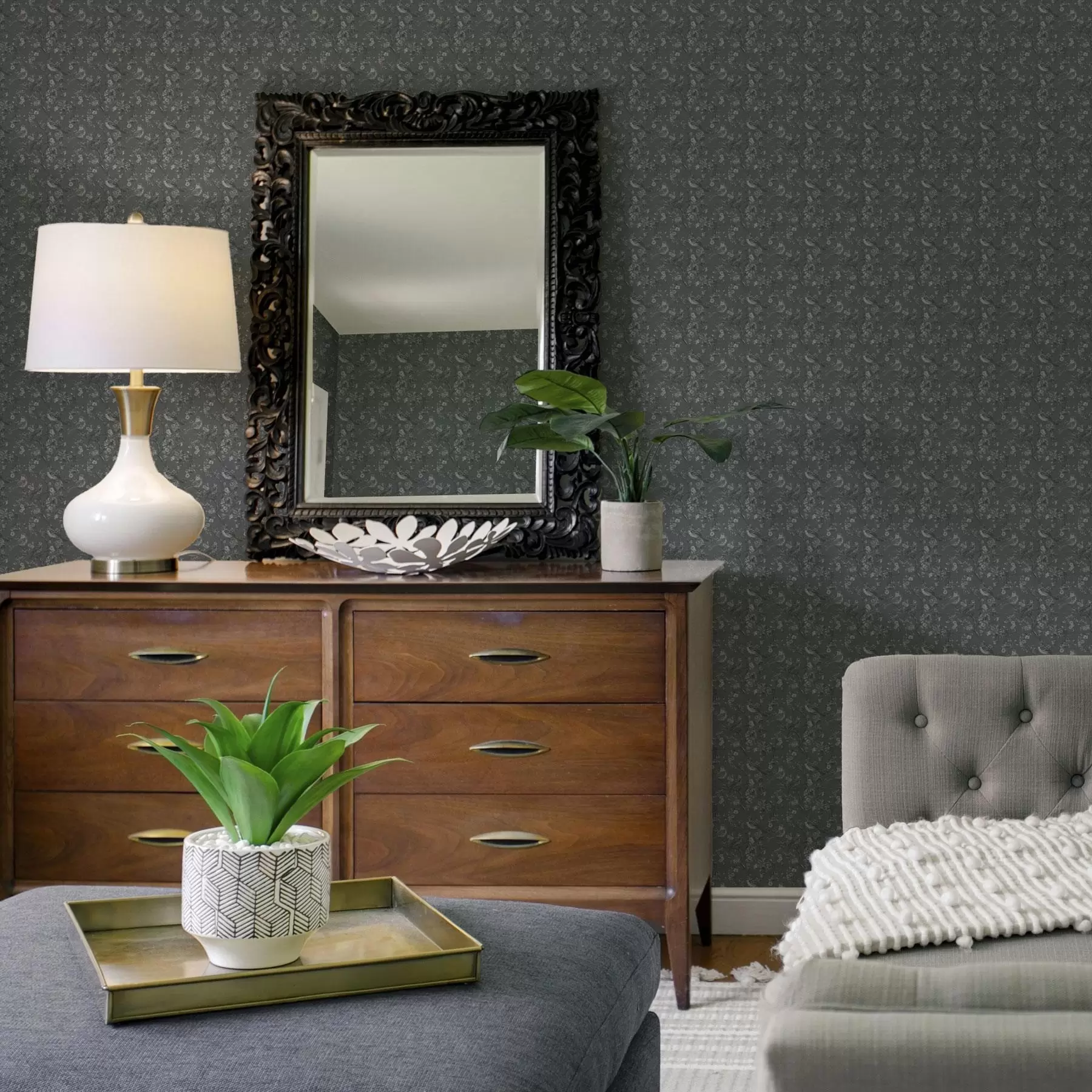 wall murals Тамни узорак са птицама и цвећем, класични стил a00281