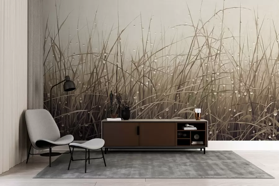 wall murals Трава са капљицама воде, пригушене смеђе нијансе, меко светло, магловита позадина, апстрактни минималистички текстурирани стил w09217v1