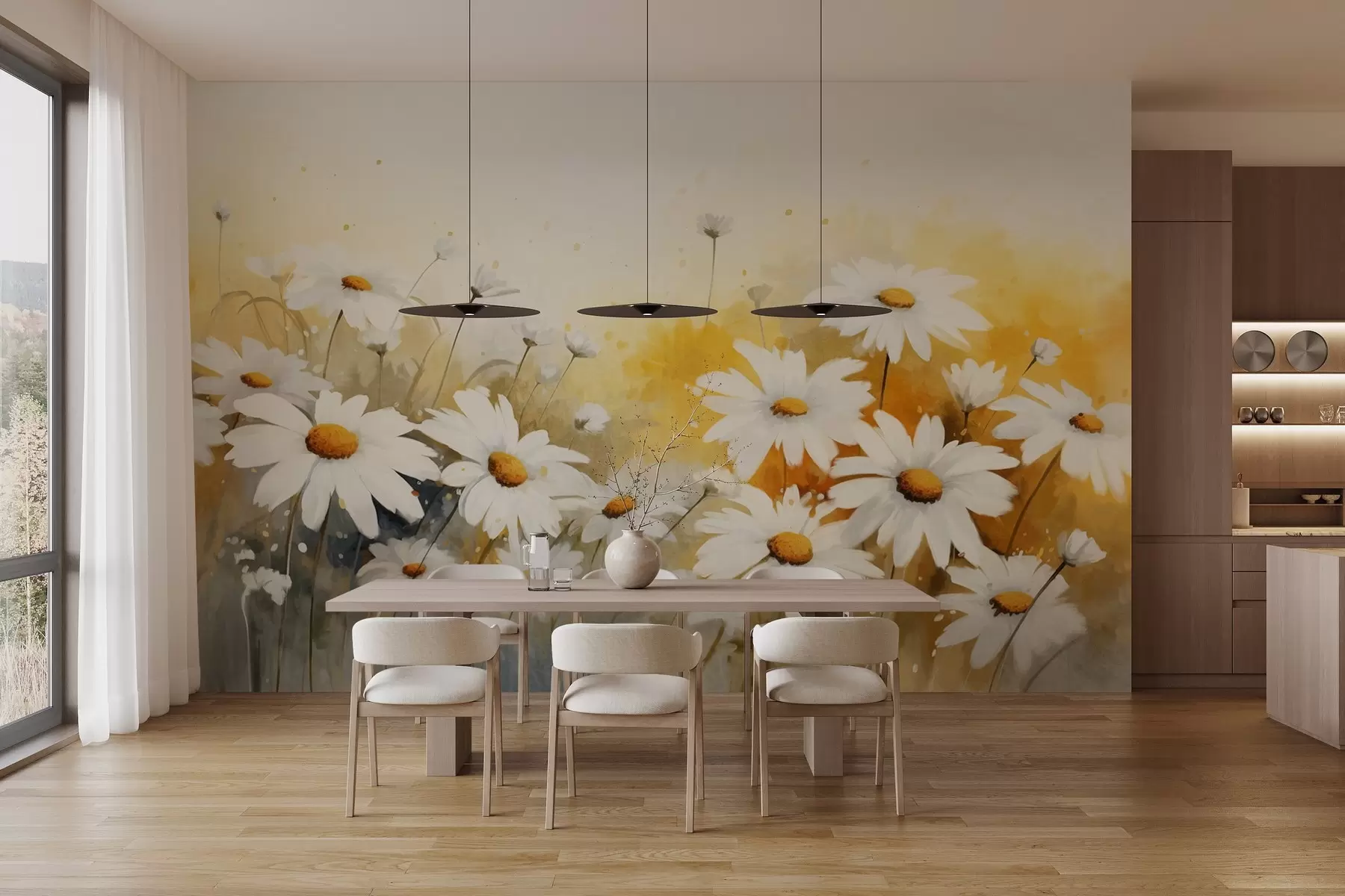 wall murals Поље белих тратинчица са жутим средиштем, на мекој жутој и беж позадини, акварел стил  w09218