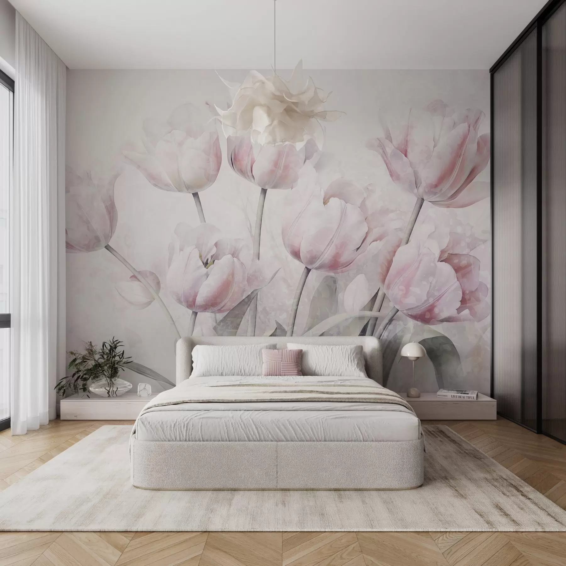 wall murals Ружичасти текстурирани тулипани са зеленим листовима, меко светло, винтаге акварел стил, нежни потези четкицом w09220