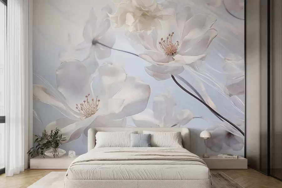 wall murals Бело текстурирано провидно цвеће са нежним латицама, мека светлоплава позадина, елегантно, романтично, сањиво w09233