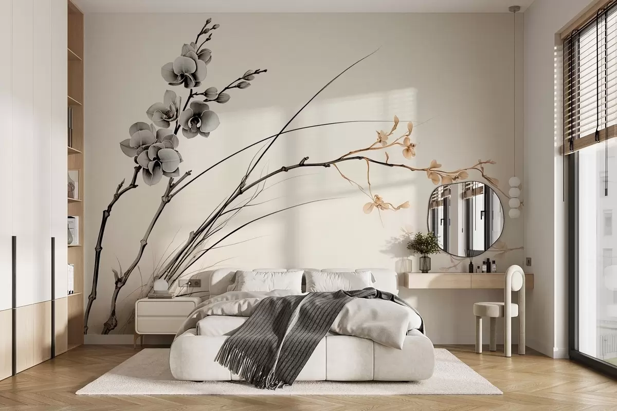 wall murals Минималистичка грана орхидеје у меким сепија и сивим тоновима w09250