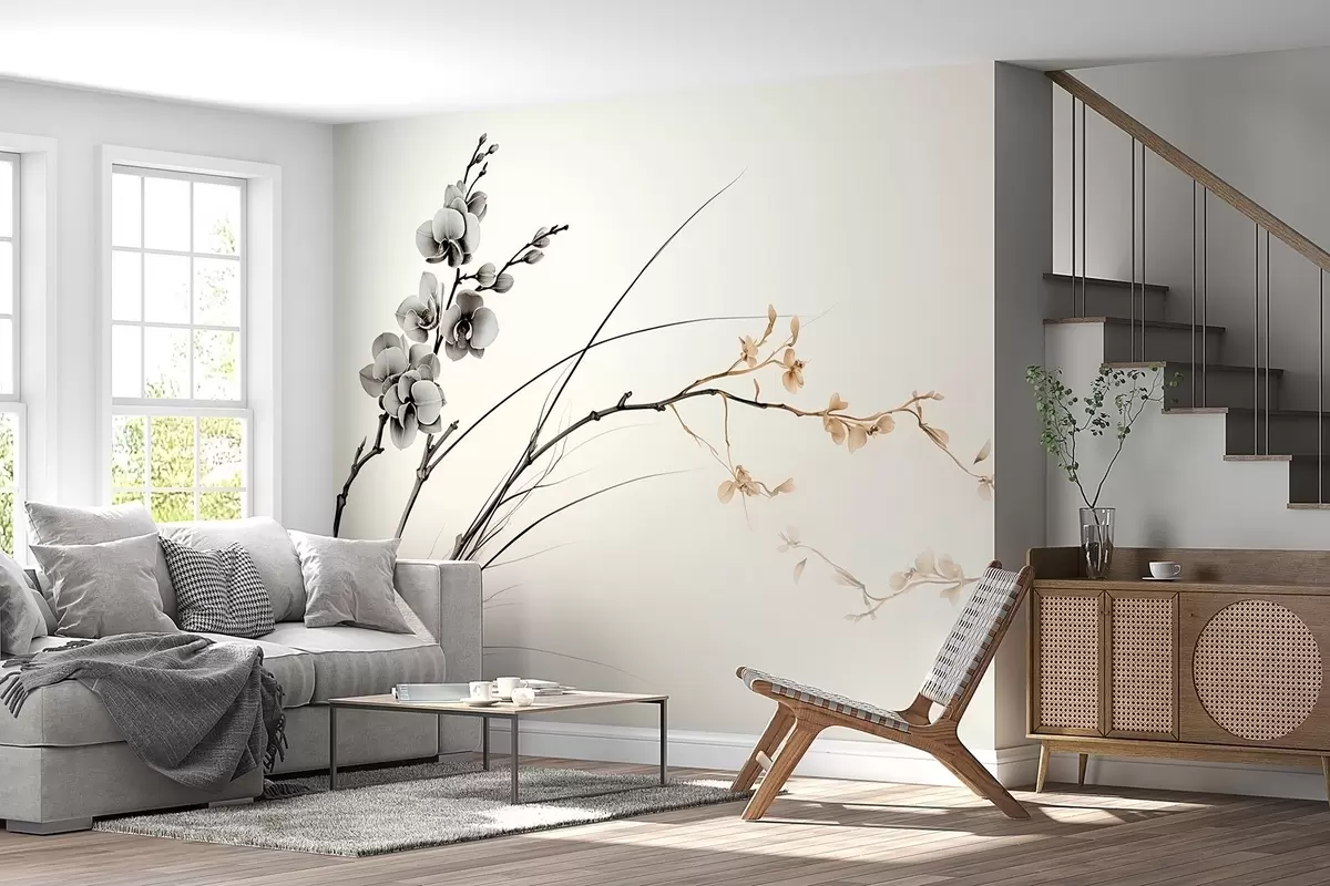 wall murals Минималистичка грана орхидеје у меким сепија и сивим тоновима w09250