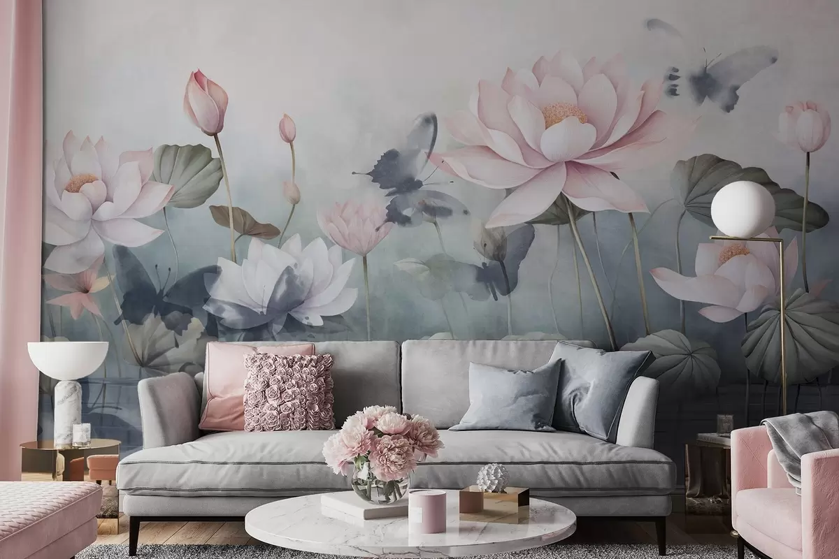 wall murals Цветови лотоса текстурирани са ружичастим пастелним латицама, зеленим листовима, одразом воде, меким пастелним бојама, ефектом акварела w09254
