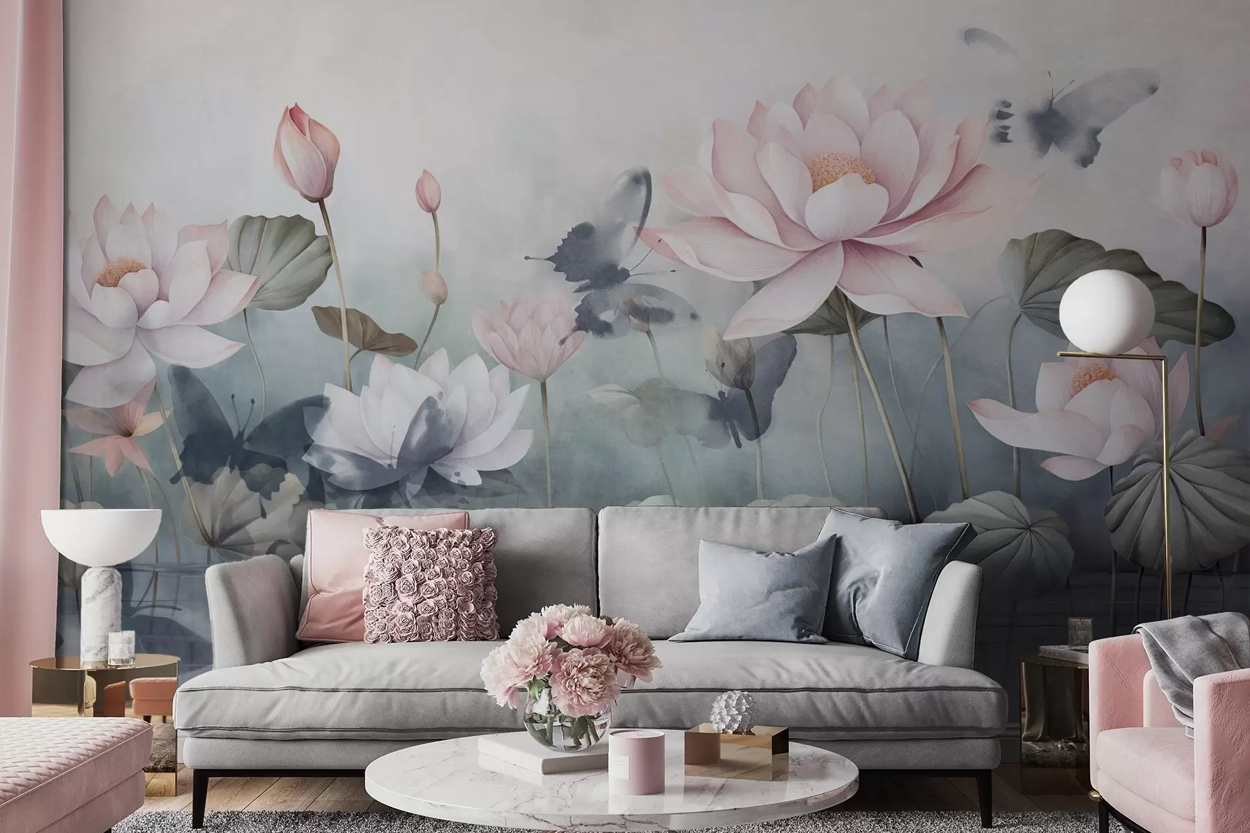 wall murals Цветови лотоса текстурирани са ружичастим пастелним латицама, зеленим листовима, одразом воде, меким пастелним бојама, ефектом акварела w09254