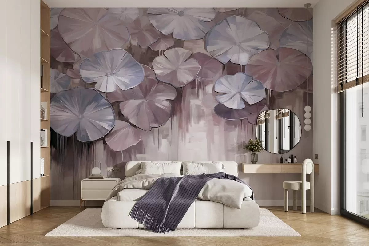 wall murals Текстурирани локвини са љубичастим и плавим бојама у језеру, позадина је мутна мешавина меких нијанси љубичасте w09255v1
