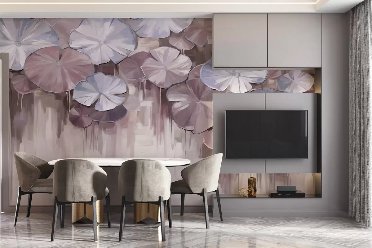 wall murals Текстурирани локвини са љубичастим и плавим бојама у језеру, позадина је мутна мешавина меких нијанси љубичасте w09255v1