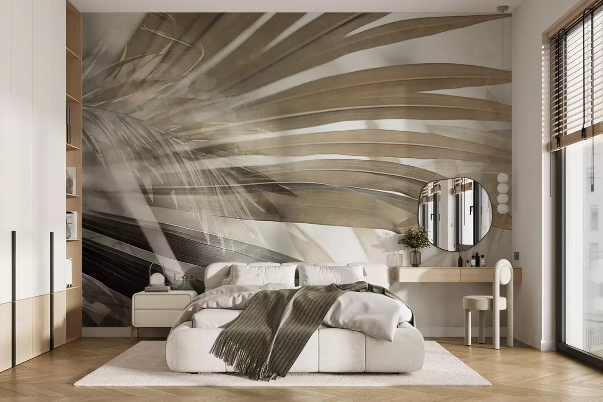wall murals Палмино лишће светло смеђе нијансе, које се преклапа и ствара слојевити ефекат, на мекој, неутралној позадини w09256
