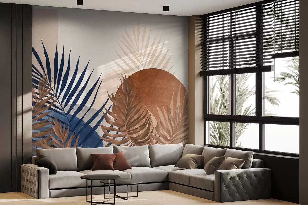 wall murals Апстрактна текстурирана композиција са тропским лишћем у нијансама плаве и земљаним тоновима, великог кружног облика w09257